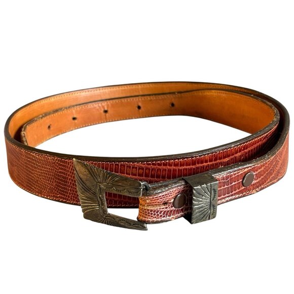 Vintage Falconhead Brown Leather Silver Belt Sz 34 Original Embossed Snakeskin - Picture 1 of 10